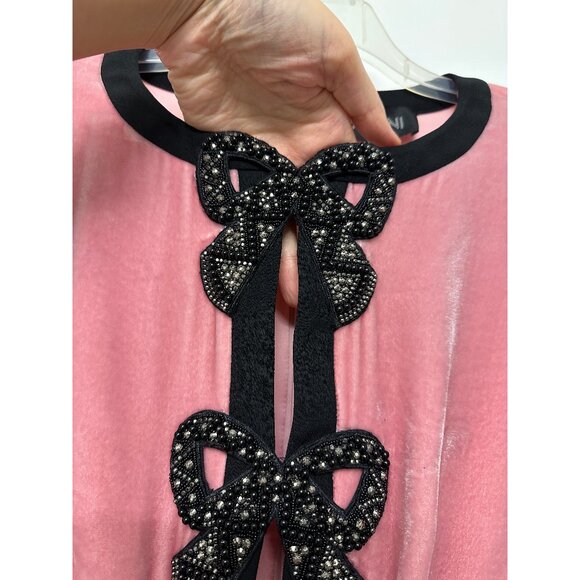 Saloni Camille Crystal Bow Liquid Velvet Midi Dress Rose Pink Black Beaded US 2 - Picture 4 of 16